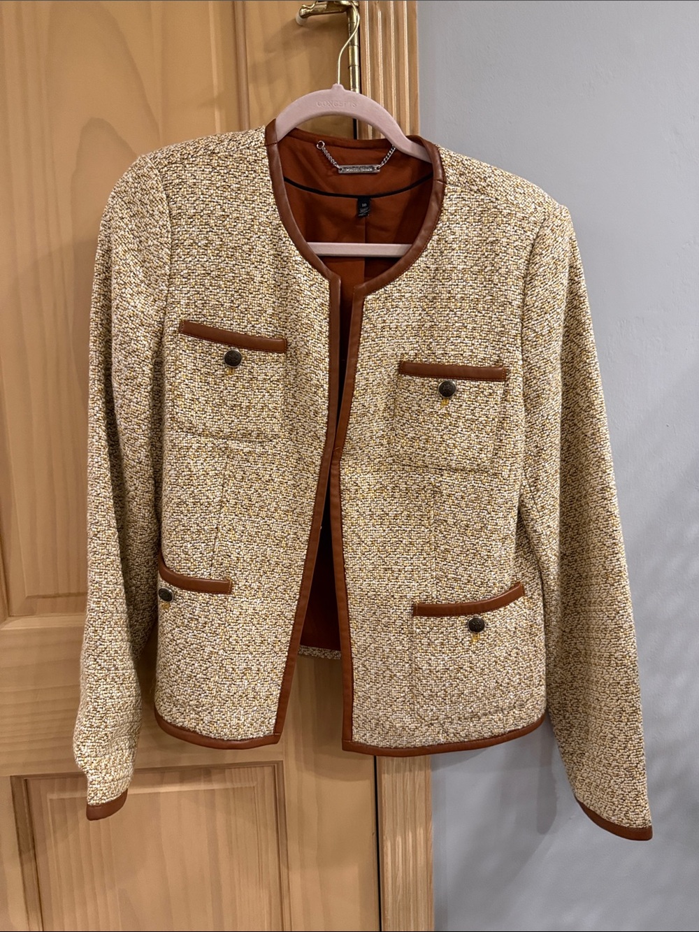 White House Black Market Tweed Jacket Faux Leather Trim Size 10